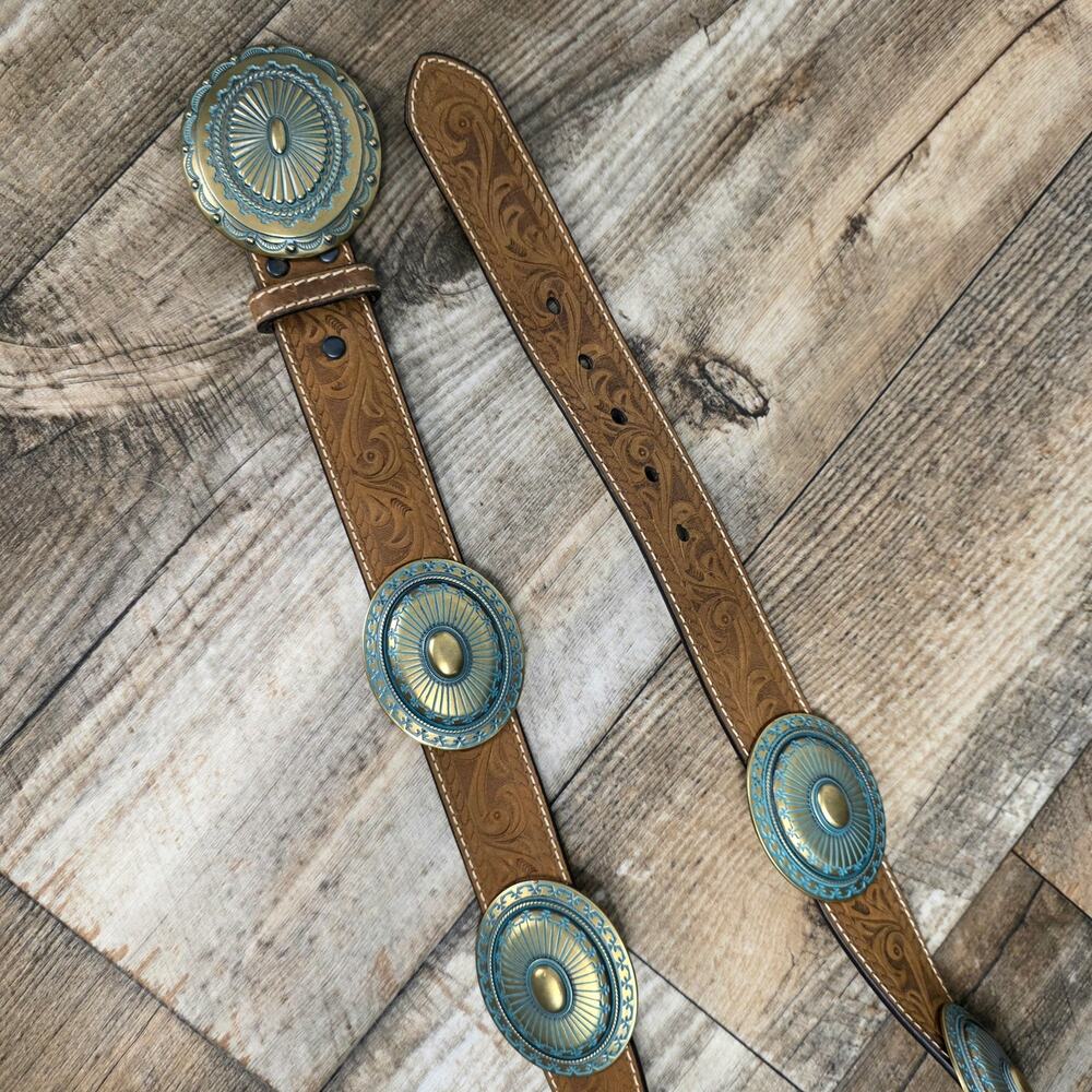 Ariat Western Concho Belt Brown Genuine Leather SZ Large Cowgirl Tooled Leather